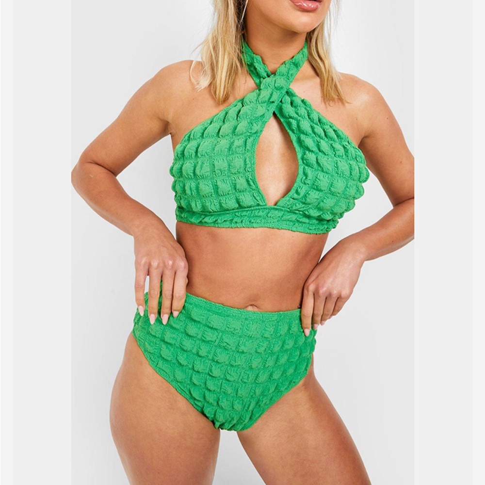 Boohoo Green Textured Bikini Set Size 8